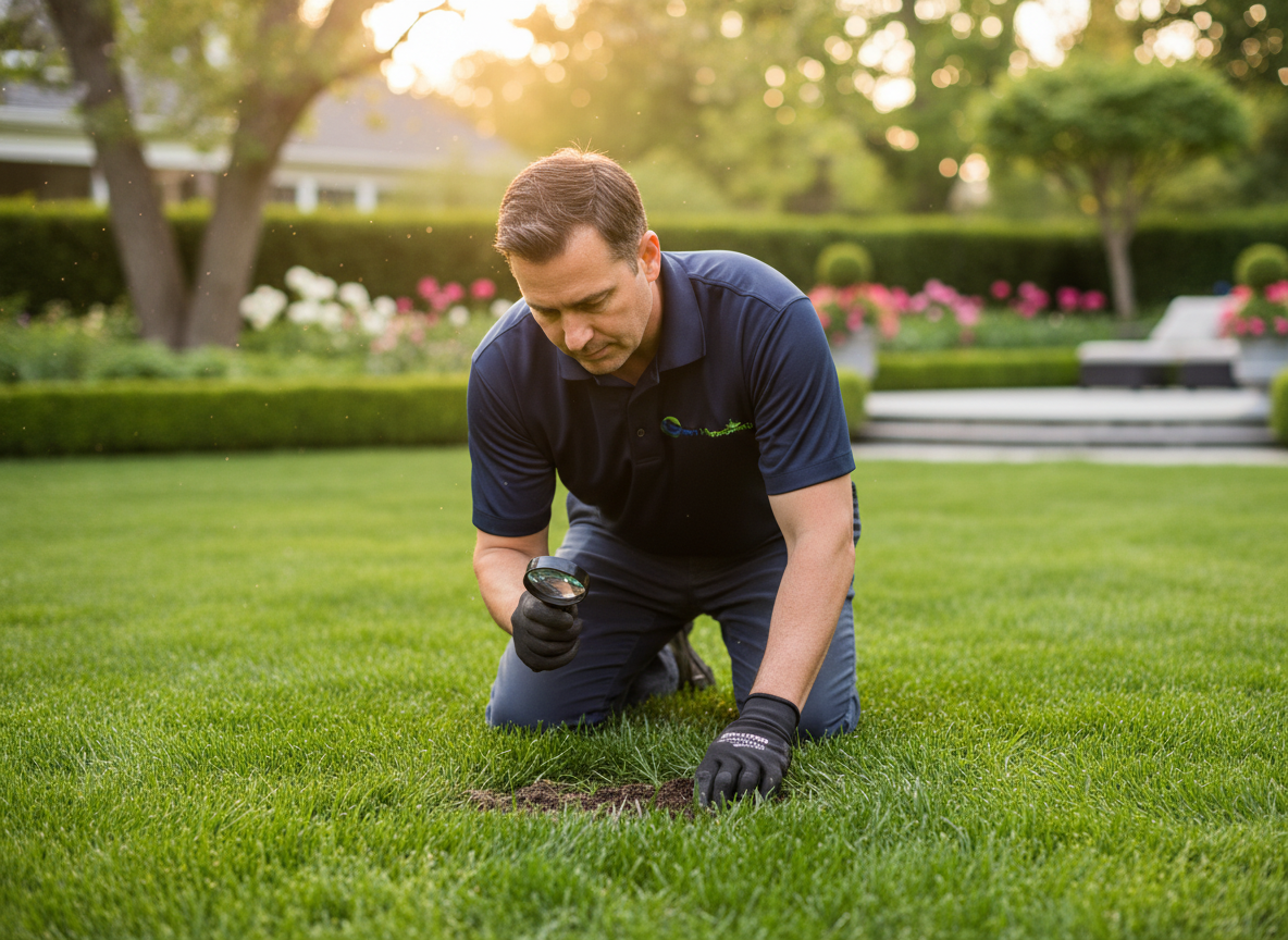 Professional agronomist inspecting a healthy lawn