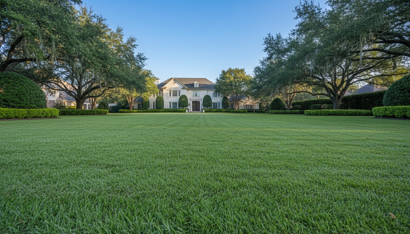 Lush, manicured lawn with luxury home